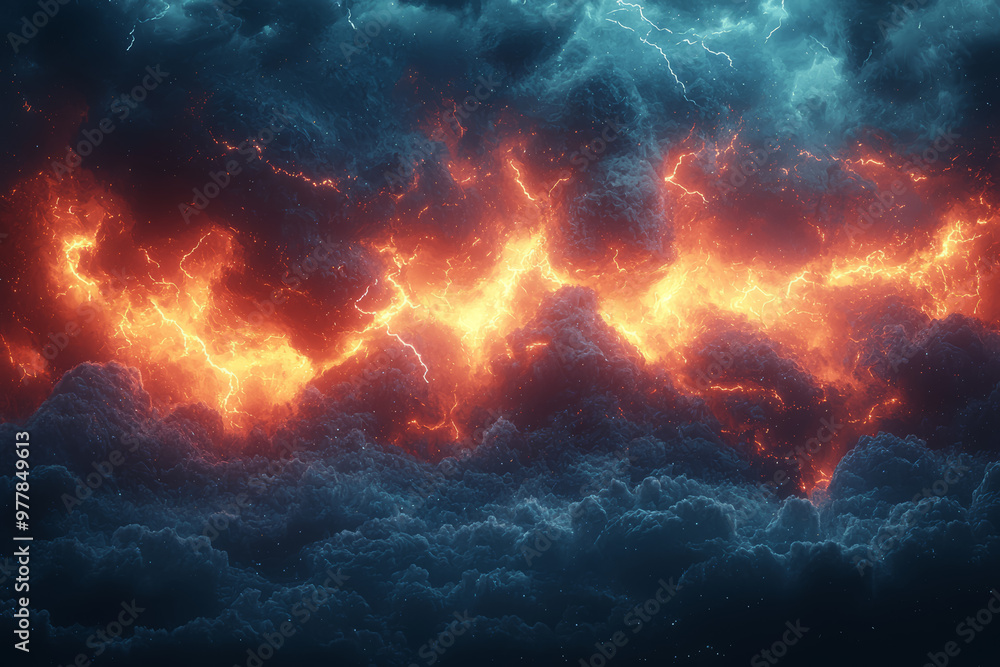 Poster a storm with lightning bolts streaking across the sky, the clouds swirling in dynamic patterns. conc