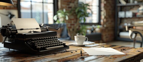 Paper in a typewriter with coffee on a wooden table in a room. Copy space image. Place for adding text and design