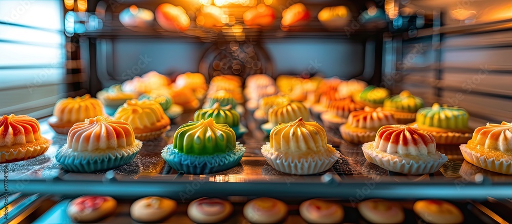 Poster multi hued cookie molds in the oven. Copy space image. Place for adding text and design