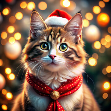 Cute and funny catcat in a Santa hat on a Christmas background of decorated fir branches and colourful balls. New Year's Eve, fireworks and bokeh. Postcard, background, banner, background.