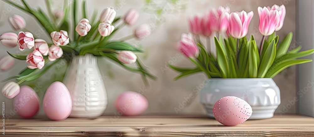 Poster easter decor featuring pink eggs and tulips. copy space image. place for adding text and design
