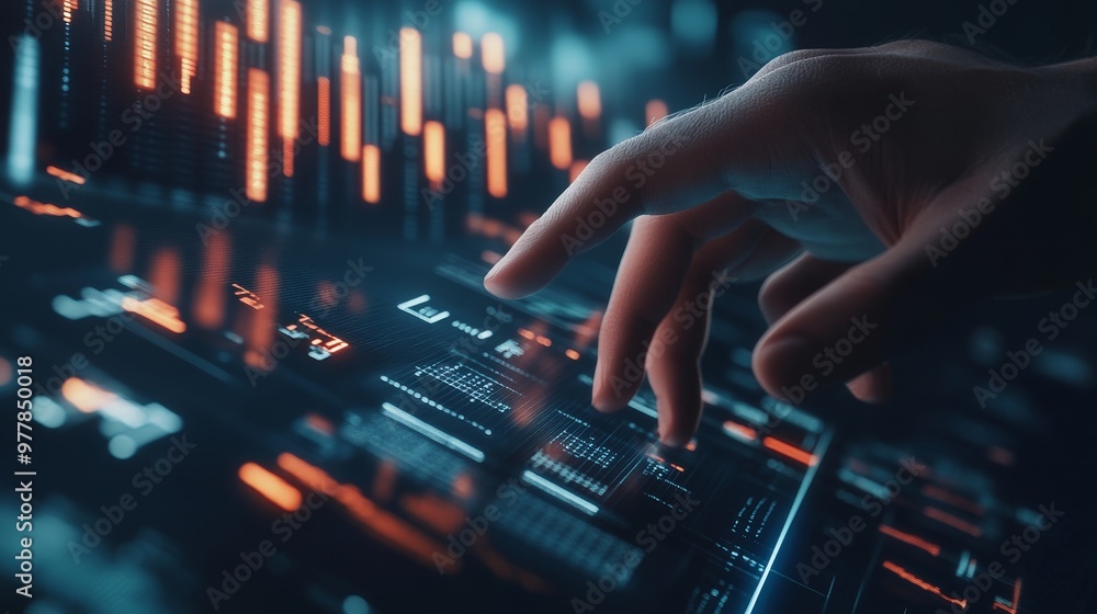 Poster businessman analyzing financial graphs and data on a virtual screen for investment insights