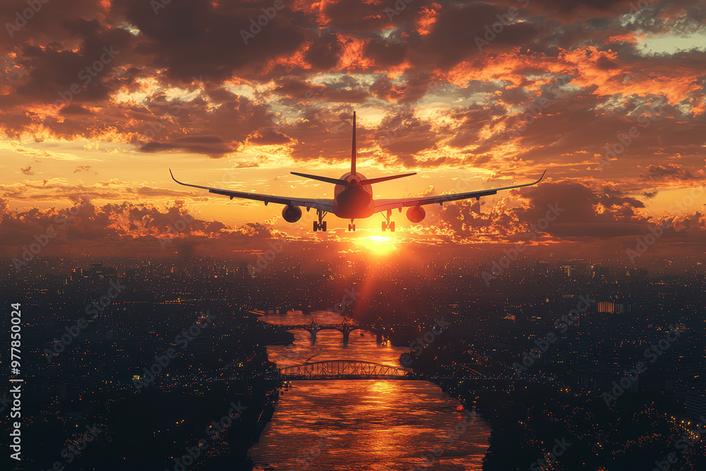 Poster a plane taking off against the backdrop of a sunset, the motion creating a dynamic contrast with the