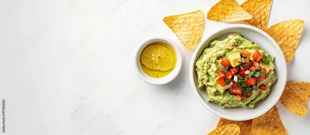 Poster tasty guacamole avocado and chips on a white background viewed from above area for text. copy space 