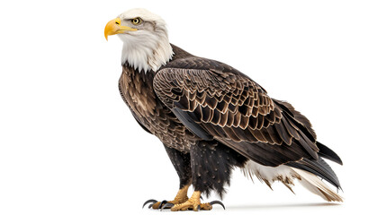 Obraz premium A majestic bald eagle standing tall on a white background with copy space, wings partially spread
