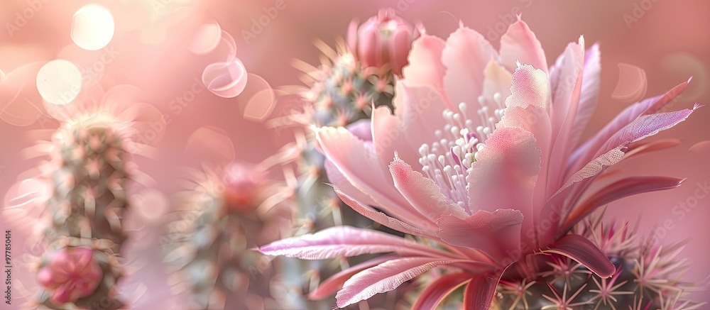 Poster exotic bloom on cactus plant. copy space image. place for adding text and design