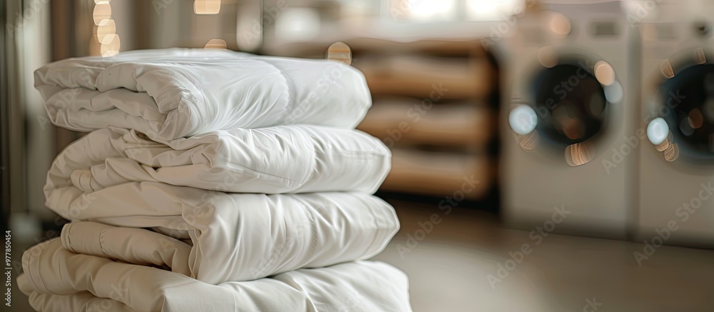 Poster stack of clean bedding sheets with a blurred laundry room backdrop. copy space image. place for addi