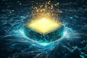 Fototapeta premium A glowing quantum processor emits energy and light in a digital, futuristic environment, representing advanced computing technology and innovation