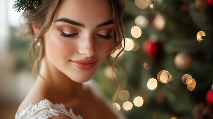 Fototapeta premium Beautiful bride in a Christmas wedding dress with festive decorations and soft lighting, enjoying a moment of joy during her winter celebration