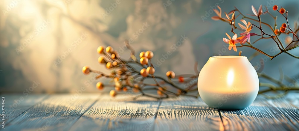Poster arrangement with an aroma lamp on a blue wooden table set against a light grey backdrop with space f
