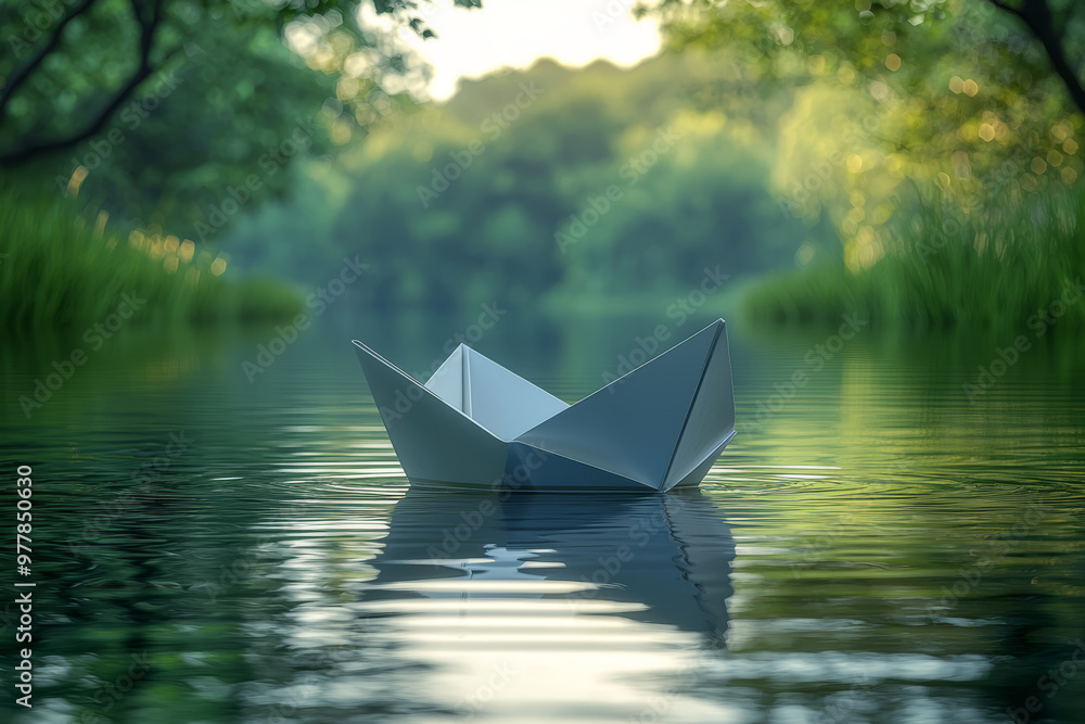 Aufkleber a paper boat floating smoothly down a lazy stream. concept of gentle navigation and water rhythms.