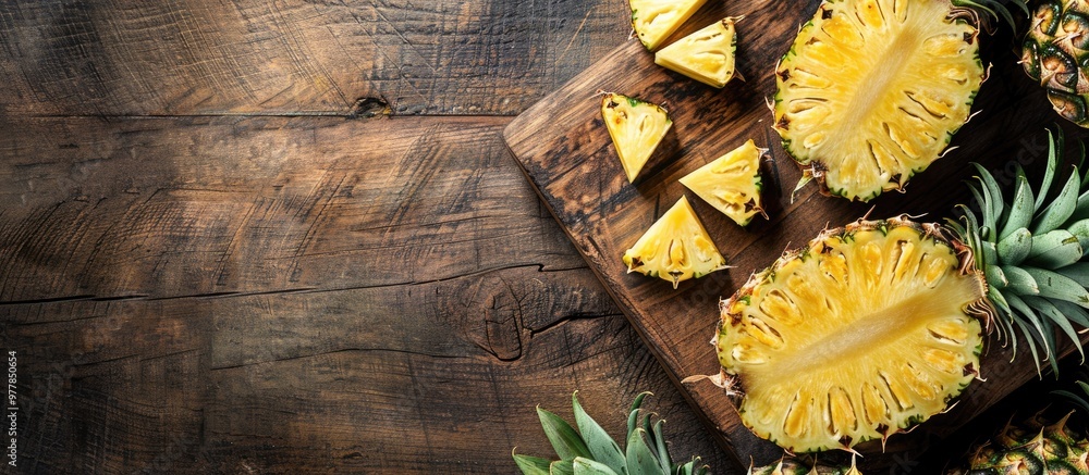 Sticker Pineapple on a wooden textured background A whole and sliced tropical pineapple rests on a wooden cutting board with copy space available Top view