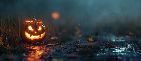 Naklejka premium Halloween pumpkin at night. Copy space image. Place for adding text and design