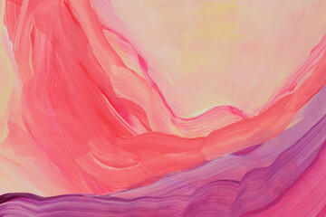 Art hand drawn Watercolor and Acrylic brushstroke wave line smear blot painting wall. Abstract texture beige, neon pink, red, violet color stain background.