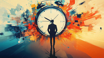 Man standing in front of a clock symbolizing time and strategy