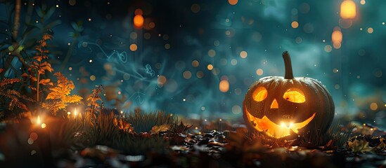 Halloween pumpkin at night. Copy space image. Place for adding text and design