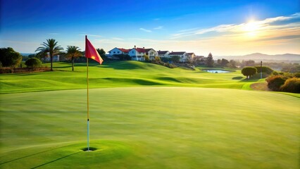 Obraz premium Tranquil golf green with flag, distant houses in background