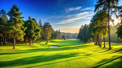 Obraz premium Serene golf course landscape with lush green grass, tall trees, and a clear blue sky