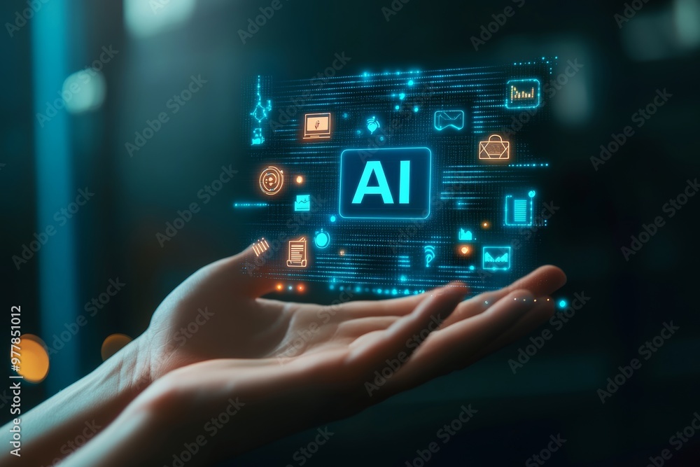 Aufkleber exploring artificial intelligence business icons and digital screen visualization in focus