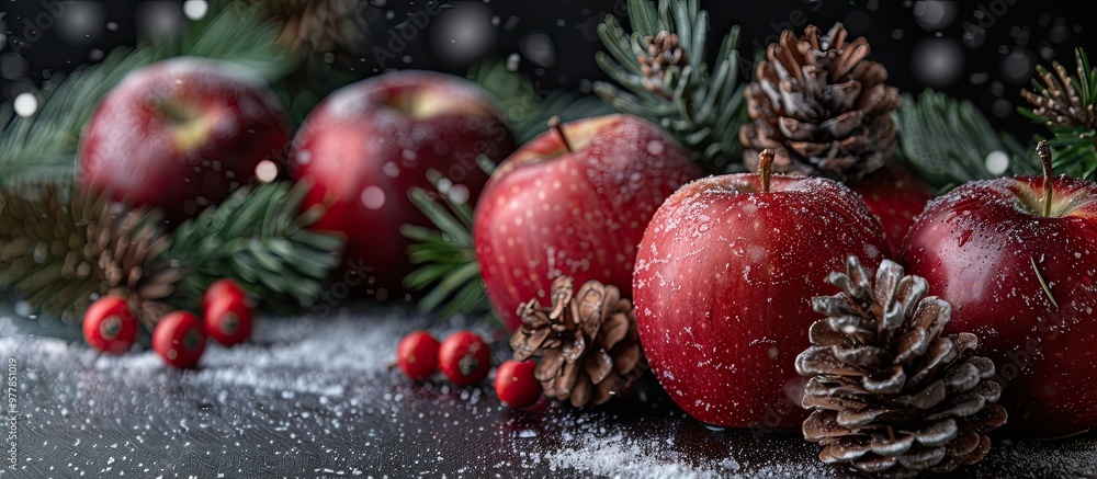 Poster christmas themed still life featuring apples and pine cones. copy space image. place for adding text