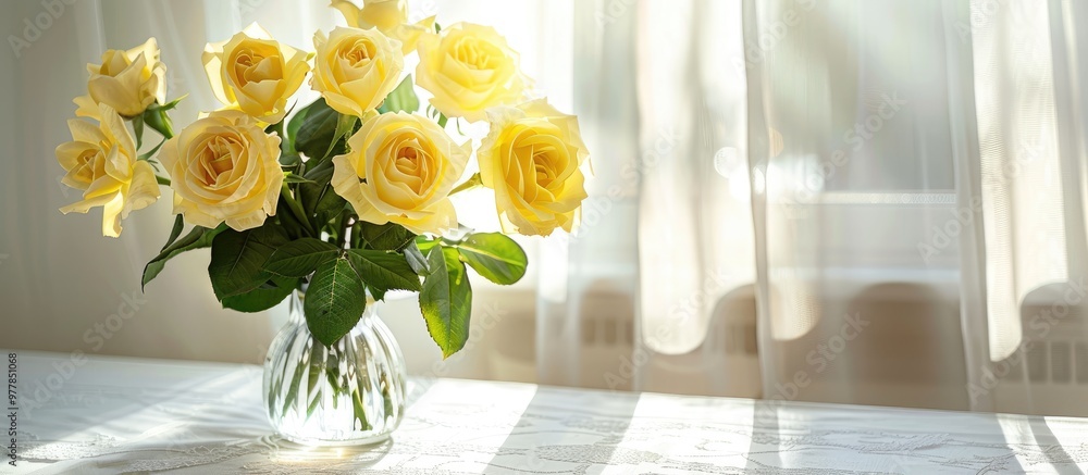 Poster high angle close up of yellow roses on a white table beside a glass vase selective focus. copy space
