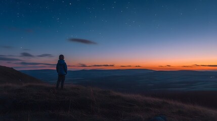 Obraz premium A child standing on a hilltop at dusk watching as the first stars appear in the deepening sky.