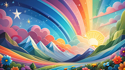 A rainbow-ideal world where the sun always shines, stars burn in the sky and smooth balanced lines create mountains, rivers, meadows and clouds Flowers, rays, bokeh Magic background, wallpaper, banner