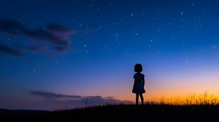 A child standing on a hilltop at dusk watching as the first stars appear in the deepening sky.
