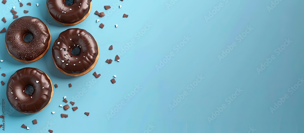 Poster chocolate donuts on a vibrant blue background top view. copy space image. place for adding text and 