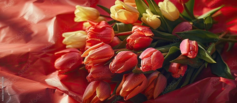 Poster a vibrant bouquet of spring tulips rests on bright red wrapping paper. copy space image. place for a