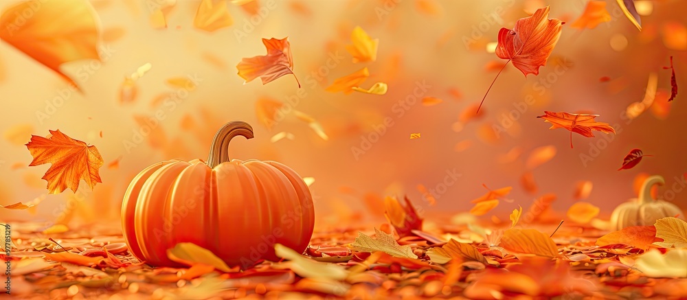 Poster background and frame of an orange pumpkin with fallen leaves an autumn template concept suitable for