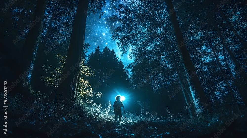 Wall mural a child walking through a quiet forest at night using a flashlight to find their way while looking a