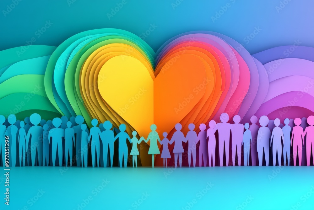 Poster a crowd of colorful figures standing in front of a rainbow heart symbolizing lgbtq+ pride diversity 