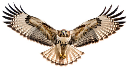 A proud red-tailed hawk soaring across a white background with copy space, wings spread wide