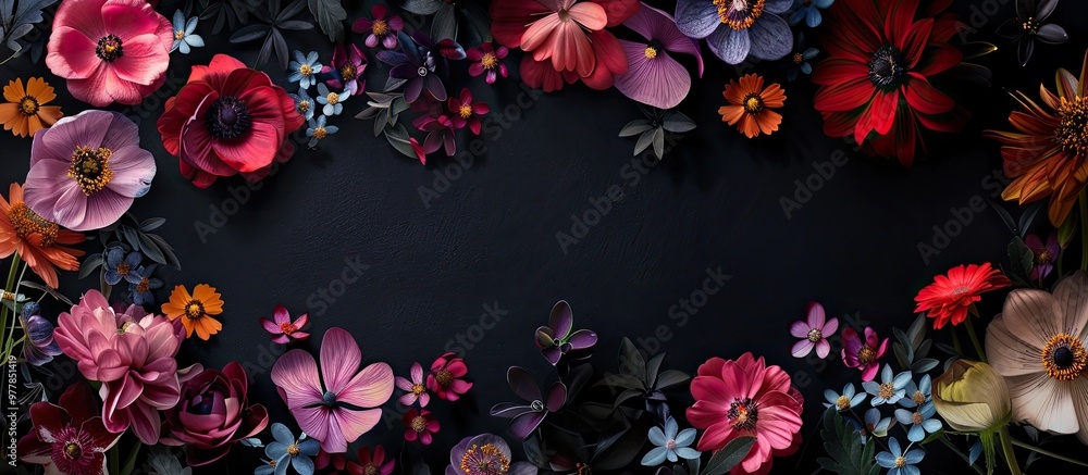 Poster a stunning arrangement of various flowers on a black background with space for text floral card desi