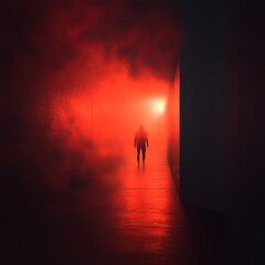 Fototapeta premium Silhouette of a person in a glowing red doorway symbolizing mystery and transformation