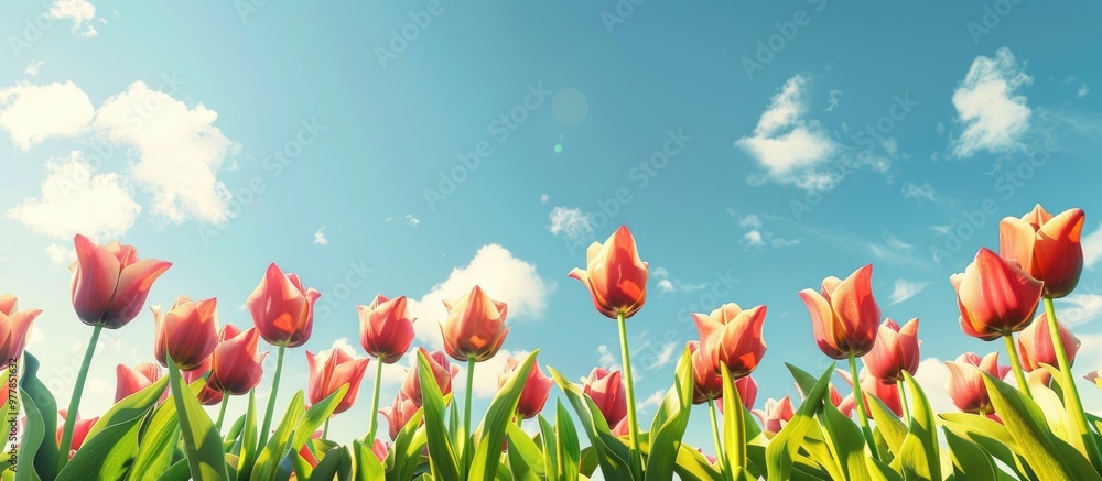 Sticker Vibrant tulips set against a blue sky adorned with white clouds. Copy space image. Place for adding text and design