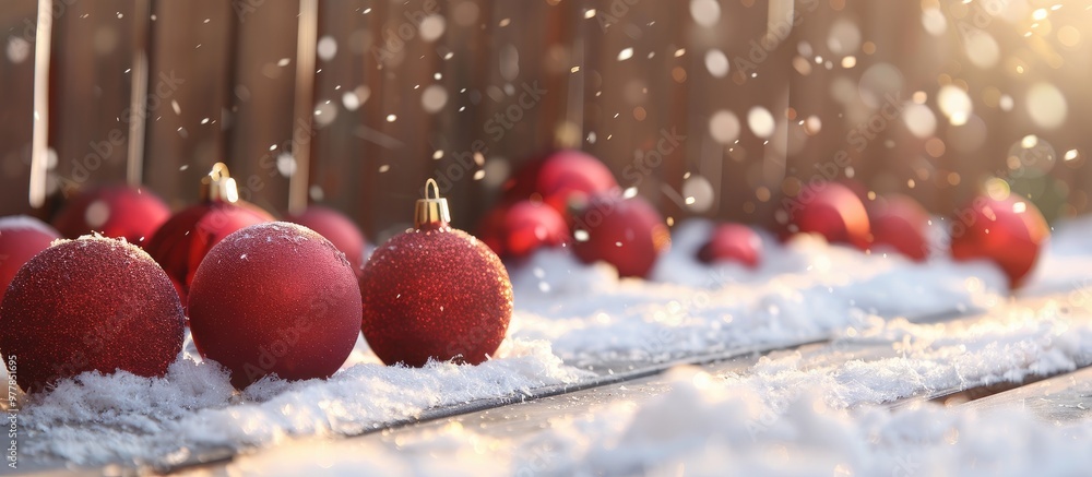 Poster red christmas decorative balls on snow with wooden planks in the background. copy space image. place