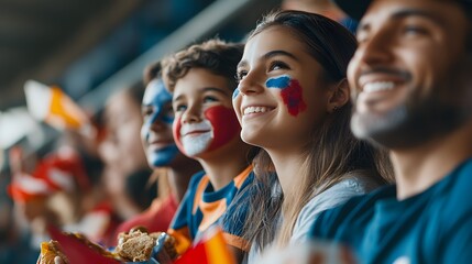 Obraz premium A family attending a local sports game cheering for their favorite team with flags and face paint while sharing snacks in the stands.