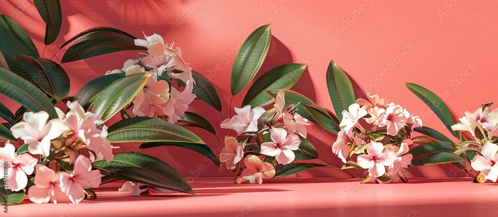 Aufkleber arrangement of flowers and leaves on a colored background. copy space image. place for adding text a