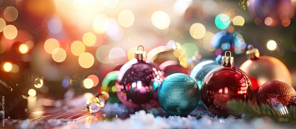 Poster christmas background featuring shiny colored ornaments the background includes blurred light garland