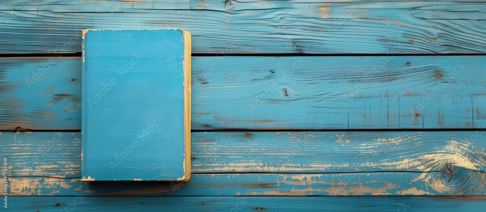 Poster notebook on a blue wooden surface top view. copy space image. place for adding text and design