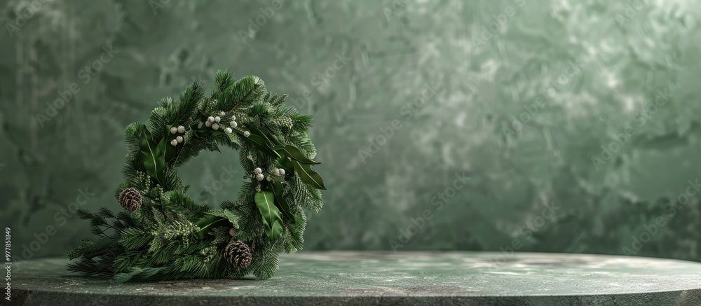 Poster christmas wreath placed on a table. copy space image. place for adding text and design