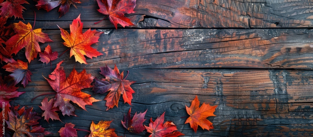 Poster vibrant maple leaves on the rustic wooden table. copy space image. place for adding text and design
