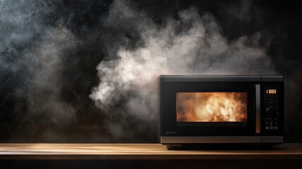 A microwave oven is on a wooden table with steam coming out of it