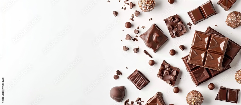 Poster chocolate bars and pralines on a white background angled flat lay composition with copy space for yo