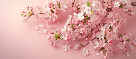 Fototapeta premium Beautiful arrangement of flowers Pink blossoms on a pastel pink backdrop Perfect for Valentine s Day Easter birthdays International Women s Day and Mother s Day Flat lay top view copyspace