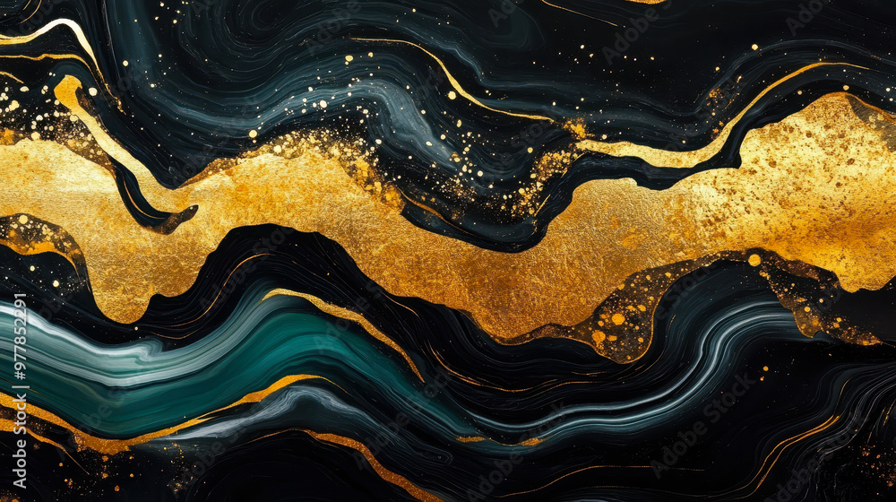 Poster luxurious black and gold marble abstract texture with liquid ink patterns for elegant backgrounds an