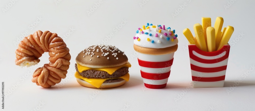 Poster miniature fast food crafted from fondant icing sugar set against a white background. copy space imag