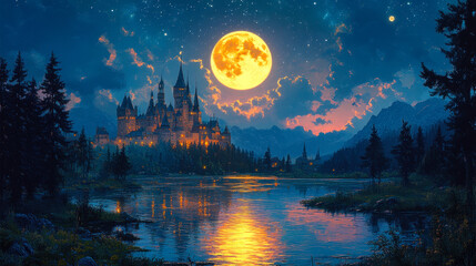 Naklejka premium Majestic Castle Illuminated by Full Moon Over Serene River at Night, Enchanted Nighttime Scene with Reflections